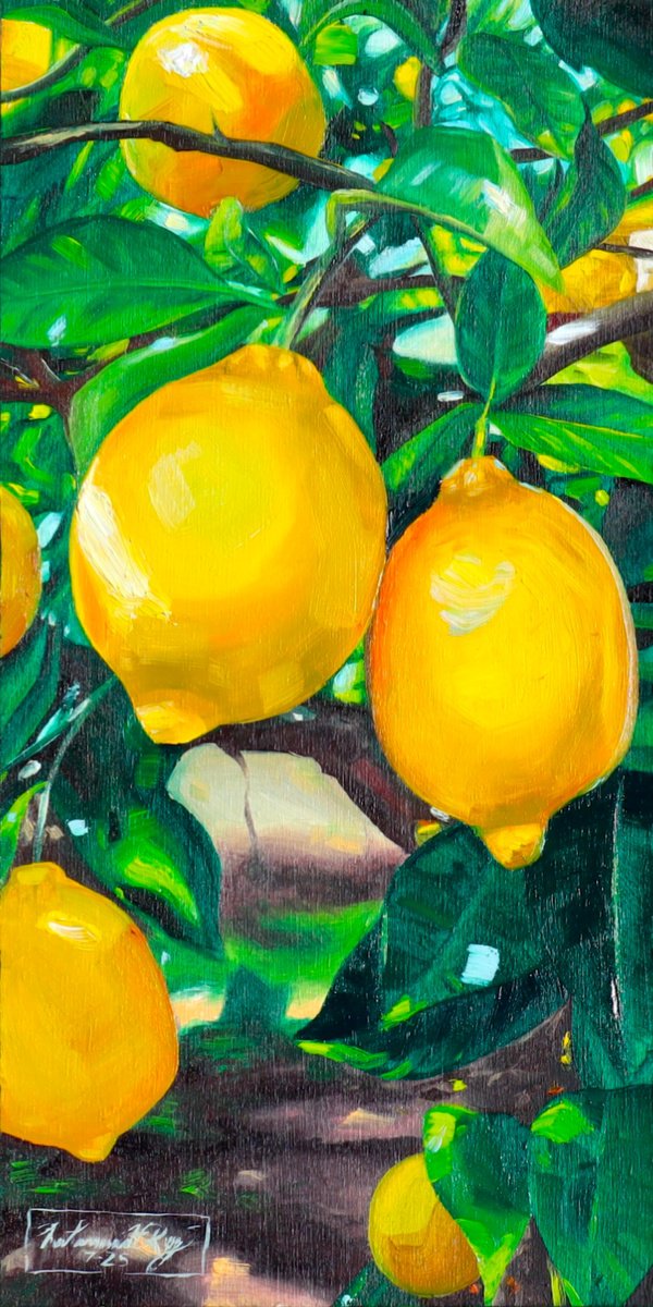 Impressionistic Botanical Oil Painting By Amani Muhammad, 6 X 12, Lemon Tree, Original Artwork