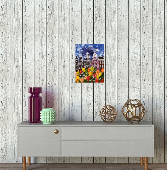 Amsterdam Painting Cityscape Original Art Tulips Impasto Artwork Floral Home Wall Art 6 by 8 by Halyna Kirichenko