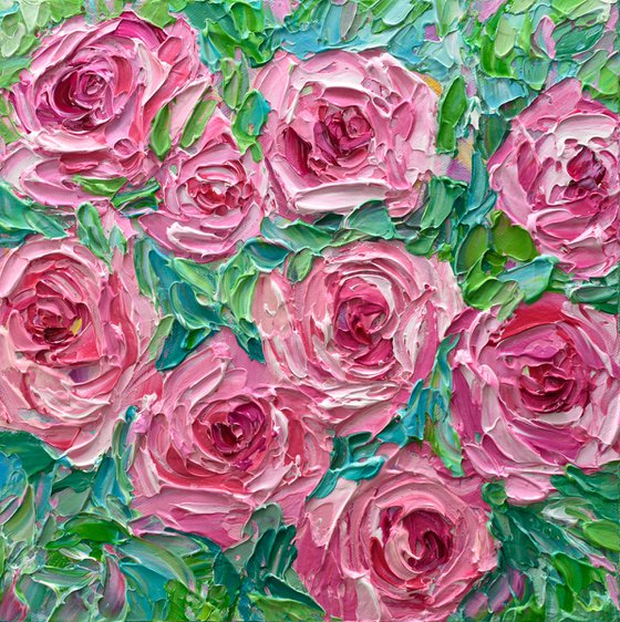 Pink Roses - Heavy Impasto Floral Painting, Palette Knife Art