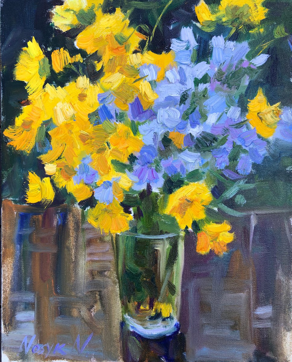 Blue and yellow flowers | Bouquet original oil painting by Nataliia Nosyk