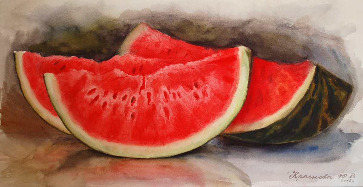 Photorealistic Still Life Watercolour By Yulia Krasnov, 22 X 12", Juicy Watermelon, Original Artwork