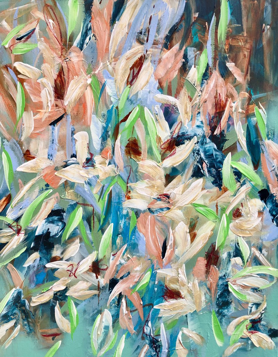 Expressive Botanical Acrylic Painting By Michelle Carolan, 24 X 30", Go With The Flow, Original Artwork
