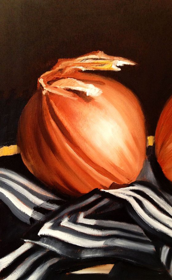 Two onions over a  foulard with stars- Original oil painting on edged wooden panel- ready to hang 20 x 20 cm (8' x 8' )