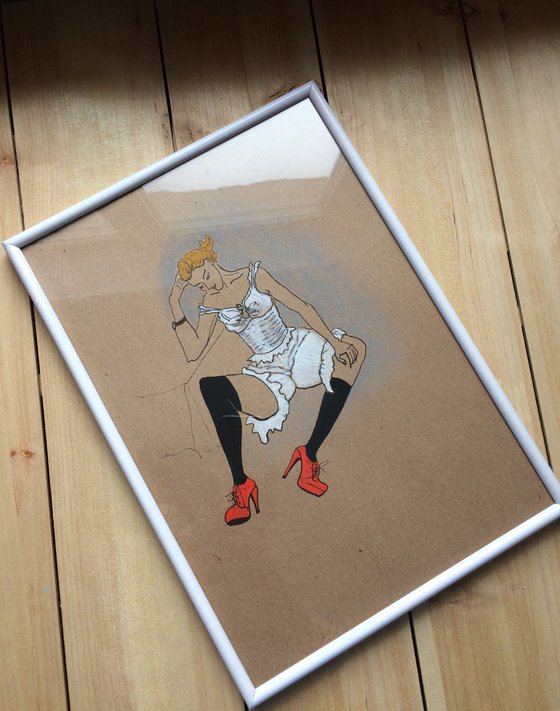 Portrait Woman in white underwear and red shoes - Sensual figure study - Gift idea