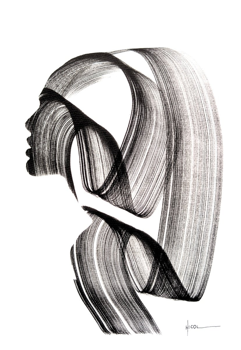 Abstract Portrait Ink Drawing By Nicol Vacaru, 11 X 15", Ribboned Reverie, Original Artwork