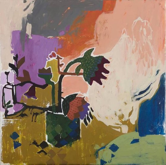 "Homeplant" Abstract green orange blue art