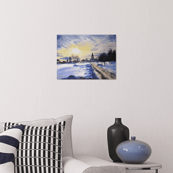 Winter landscape watercolor