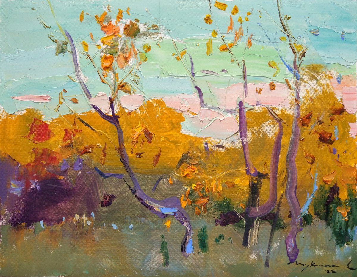 Impressionistic Landscape Oil Painting By Helen Shukina, 13 X 10, Autumn Soft Sunset Light, Original Artwork