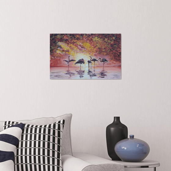 Flamingo - African flamingos at sunrise, acrylic painting for the interior