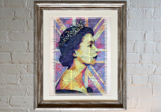 Queen Elizabeth II - The Union Jack 2 - Collage Art on Large Real English Dictionary Vintage Book Page