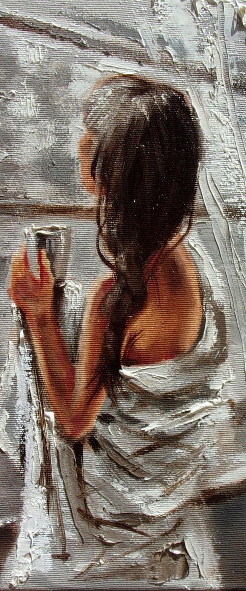 " EVENING ... " original painting Summer window coffee palette knife GIFT autumn by Monika Luniak