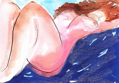 On a Warm Afternoon -female nude  watercolor by Ewa Dabkiewicz