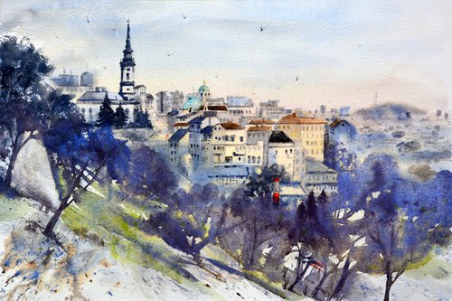 Pogled na krovove sa Kalemegdana Beograd 53x35cm 2022 by Nenad Kojić watercolorist
