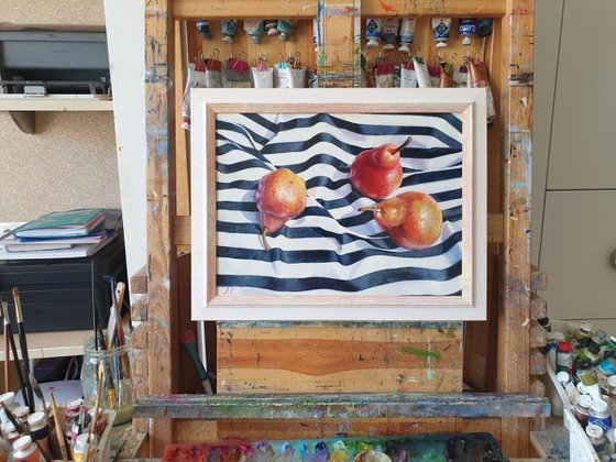 "Pears dream of the sea."   still life summer red pears liGHt original painting  GIFT (2020)