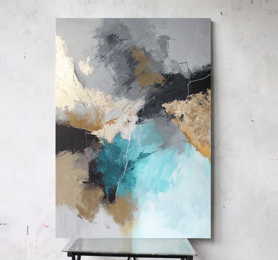 "Blue Rime" Abstract teal gray gold art