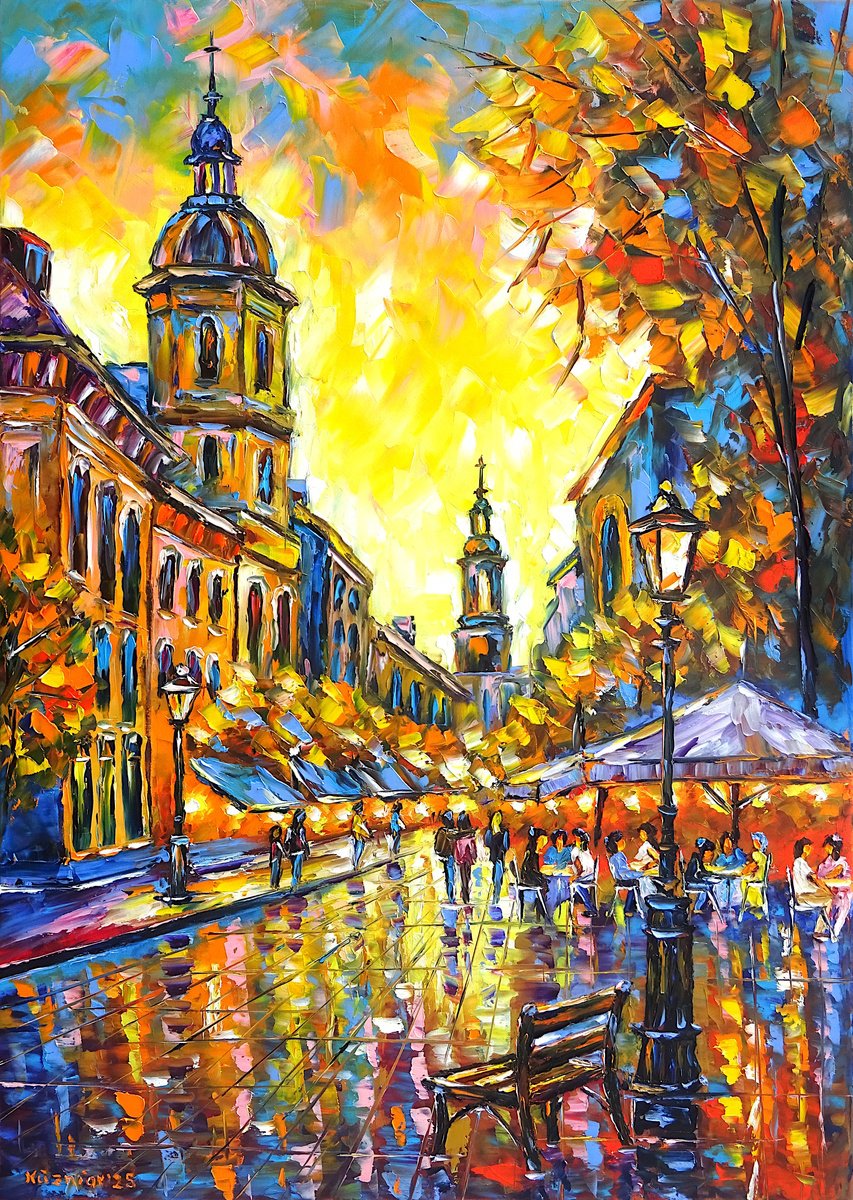 Expressive Cityscapes Oil Painting By Mirek Kuzniar, 20 X 28", City In The Evening Light, Original Artwork