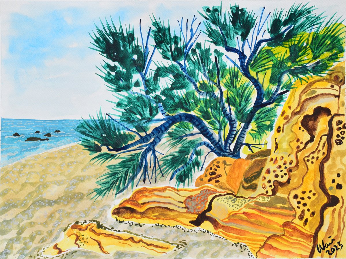 Playa con Rocas y arbol by Kirsty Wain