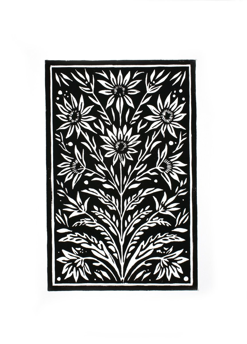 Graphic Botanical Linocut By Kosta Morr, 12 X 17", Floral Ornament Black, Original Artwork