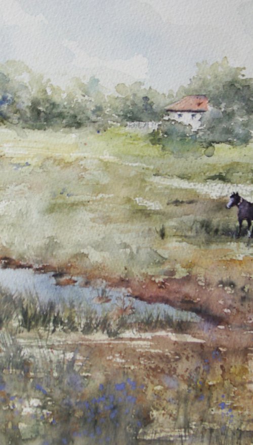 A rural landscape with horses by Elena Gaivoronskaia