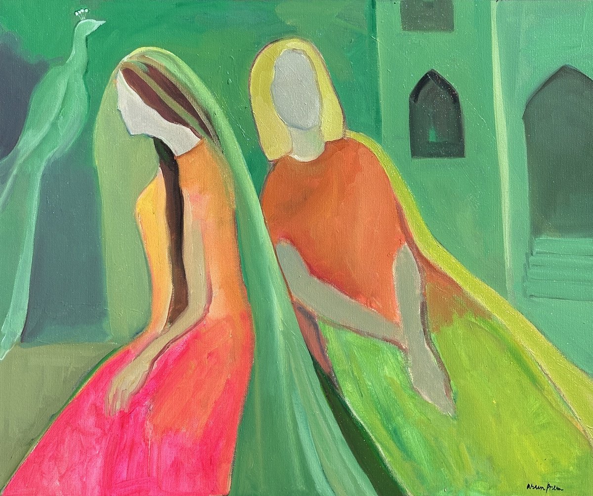 Expressive Abstract Oil Painting By Arun Prem, 24 X 20, White Peacock, Original Artwork