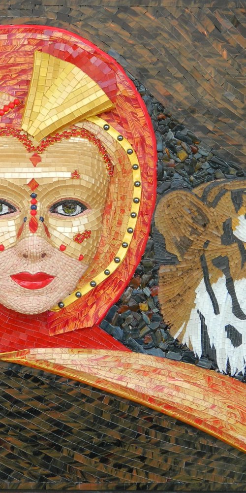 Moods - Original, unique, fantasy woman and tiger mixed media mosaic art in high-relief by Liza Wheeler