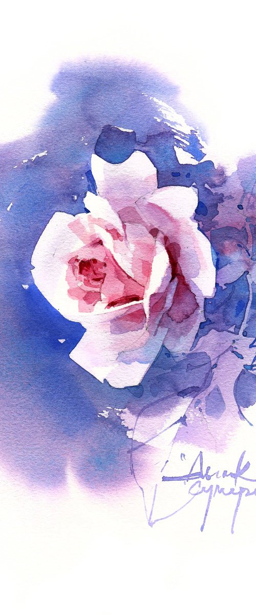 "Twilight mist" - original watercolor pink white rose sketch by Ksenia Selianko