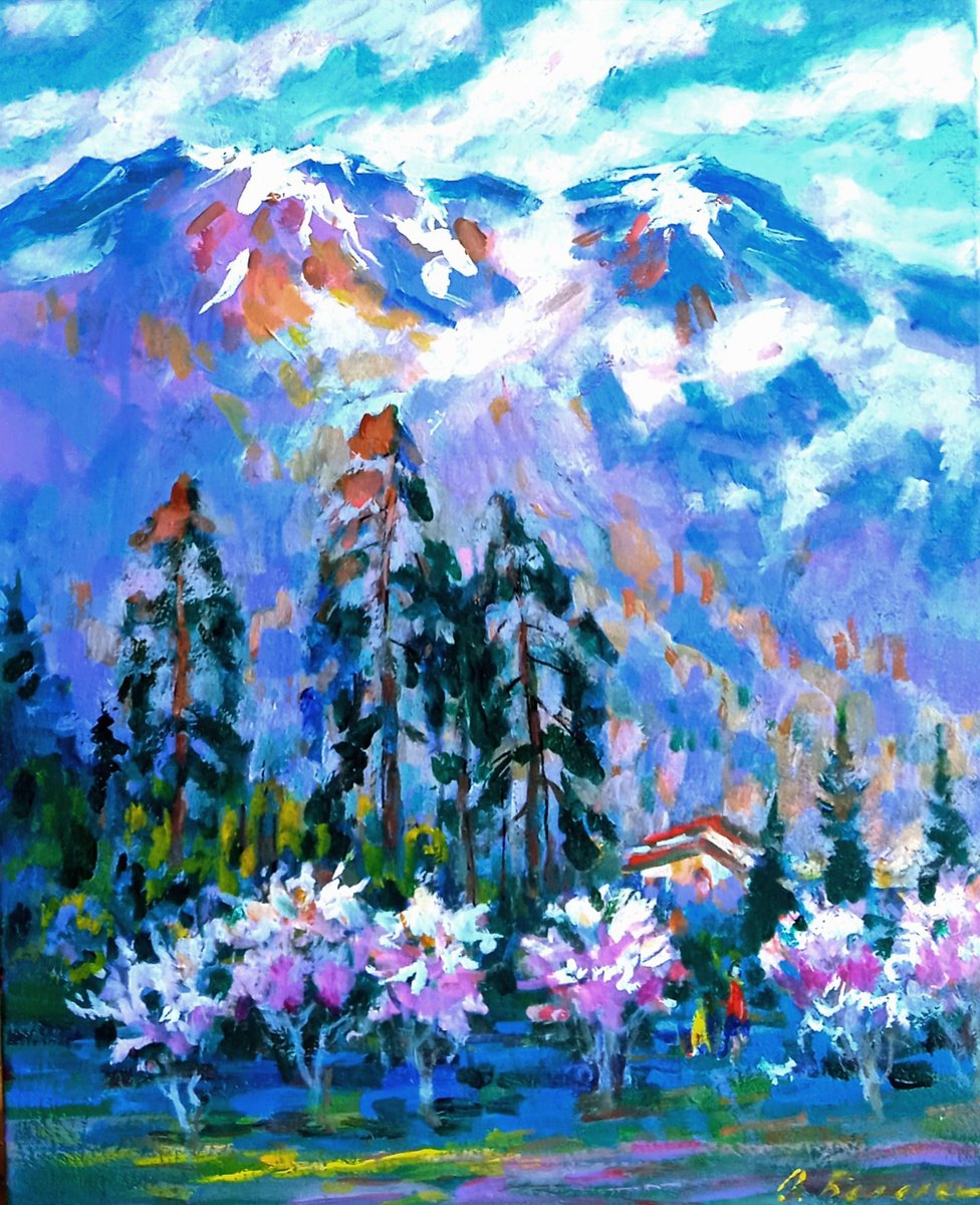 Impressionistic Landscape Acrylic Painting By Oleksandr Bielskyi, 16 X 20", Spring At The Alps, Original Artwork