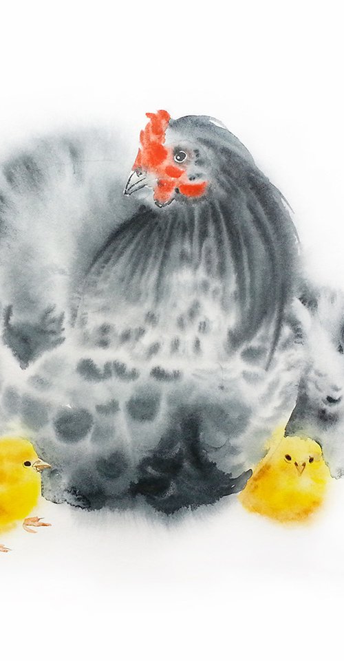 Hen and Chicks - chicken art c by Olga Beliaeva Watercolour