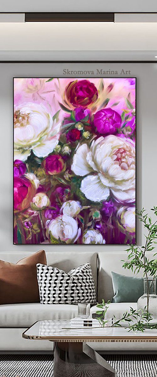 CURTAINS PEONIES - amaranth flowers. Magnificent. Petals. Fuchsia. Softness.  Pions. Pink. Floral. White peonies. Garden by Marina Skromova