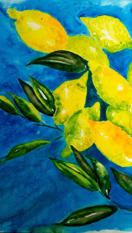 "Lemons "50*36cm\20*14"\watercolor lemons on branch\watercolor blue and yellow by Halyna Kirichenko