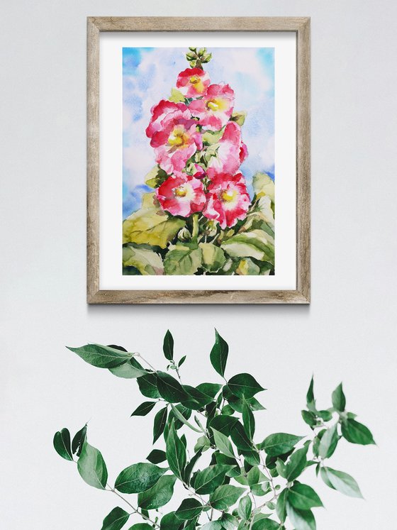 Hollyhock flower watercolor illustration