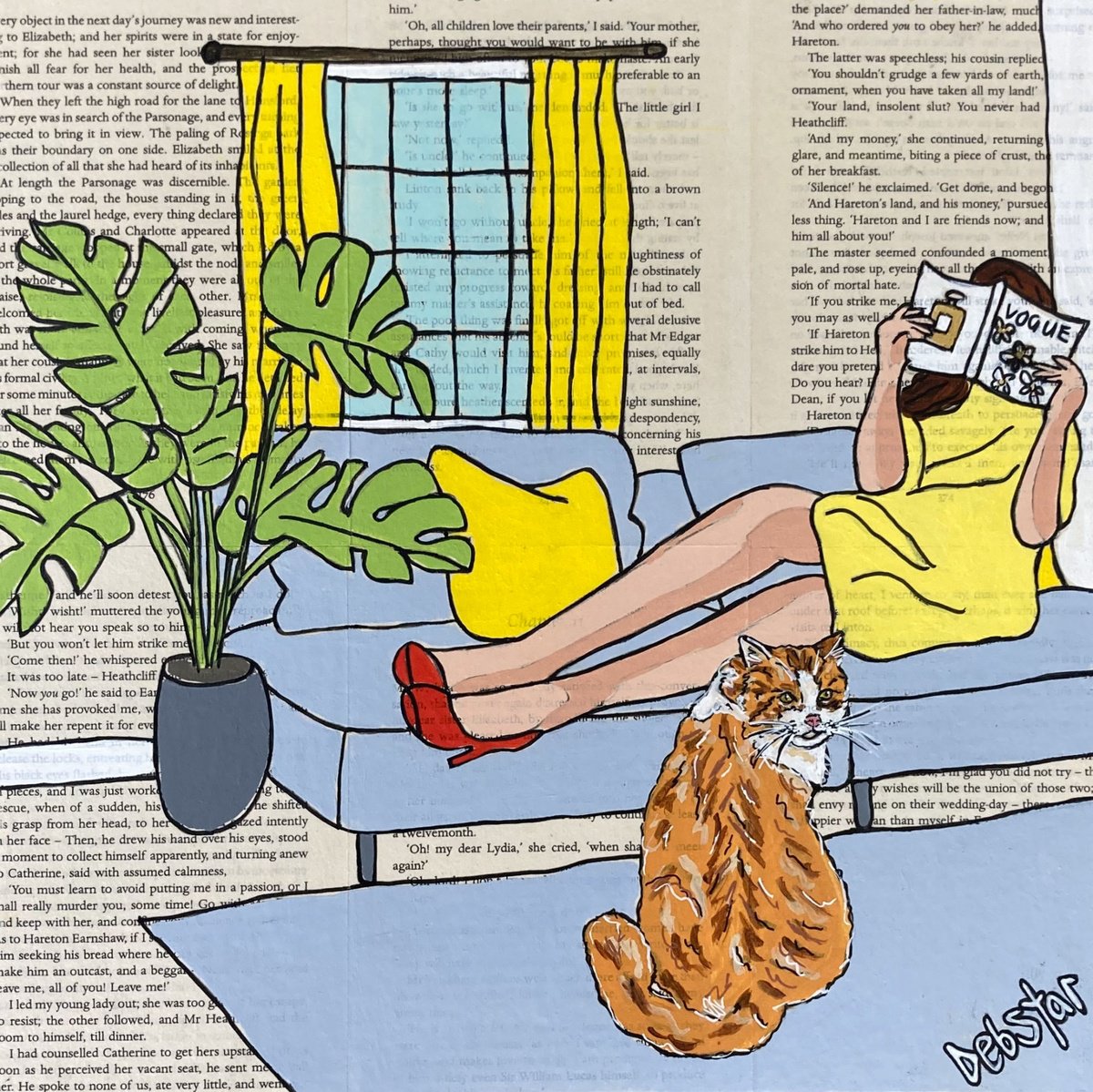 Illustrative Acrylic Painting , Cat Capers Lounging 30Cm X 30Cm By Deborah Lang, 12 X 12, Artwork For Sale On Artfinder