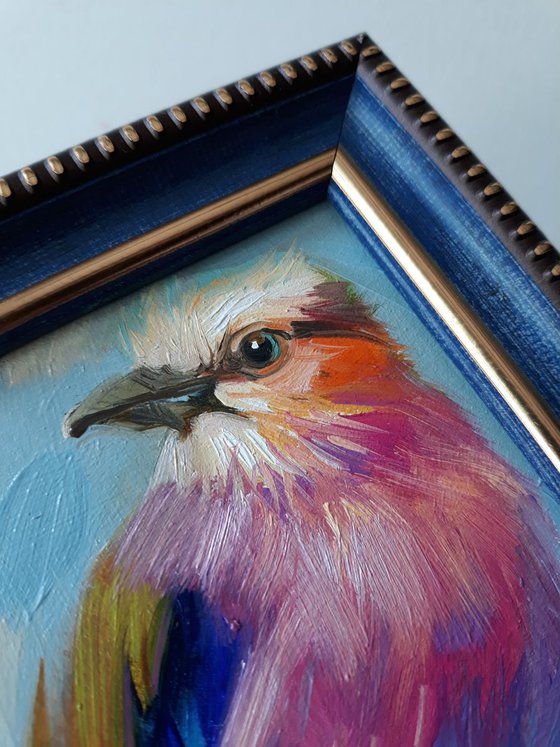Lilac-breasted Roller bird original oil painting in a blue frame