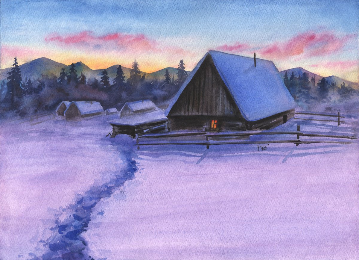 Impressionistic Landscape Watercolour By Maryna Boiko, 15 X 11", Winter Evening, Original Artwork