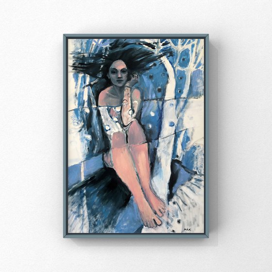 TIME - woman sky blue surreal painting - female figure drawing