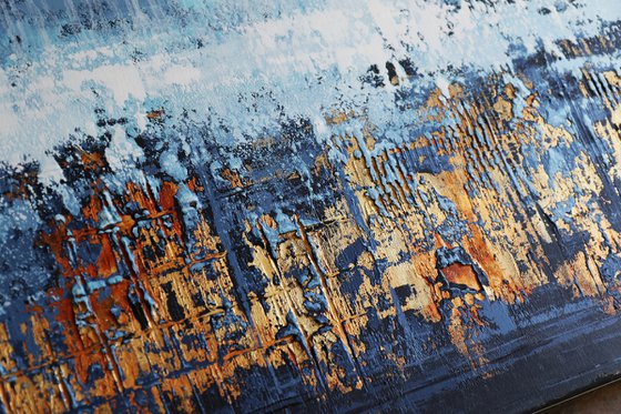 COOL BREEZE * 71" x 23.6" * ABSTRACT ACRYLIC PAINTING ON CANVAS *** BLUE * WHITE * GOLD