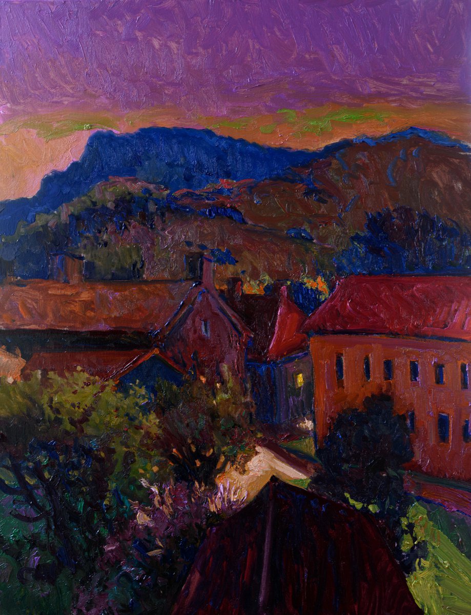 Expressive Landscape Oil Painting By Suren Nersisyan, 22 X 28", Dusk In Ther Little Town, Original Artwork