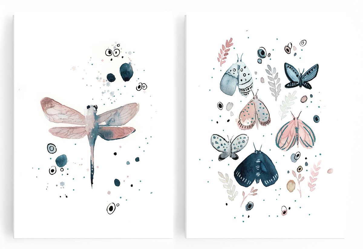 Dragonfly, butterflies and moths watercolor painting 2 set by Sophie Rodionov