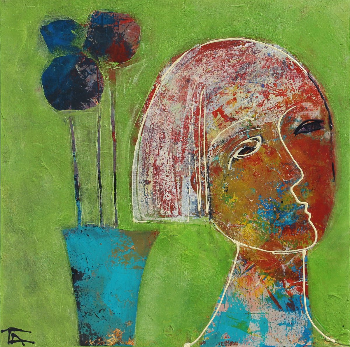 Portrait With Flowers. By Tatjana Auschew, 20 X 20, Artwork For Sale On Artfinder