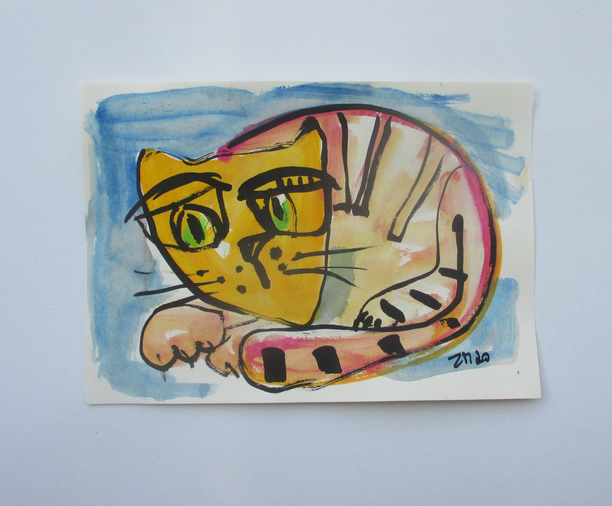 crazy cat 8,2 x 11,4 inch unique mixedmedia drawing by Sonja Zeltner-Muller