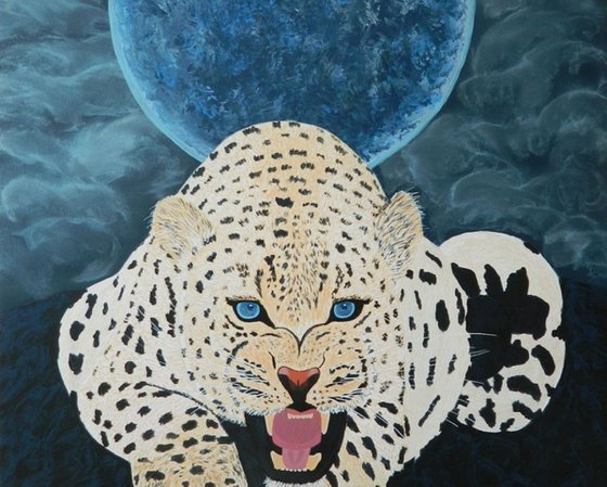The Protector - Original, unique, contemporary figurative big cat full moon painting