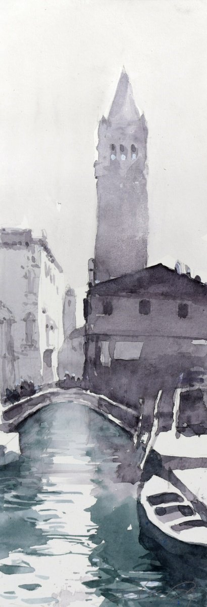 Cityscapes Watercolour By Goran Zigolic Watercolors, 6 X 17, Venice Canal, Original Artwork