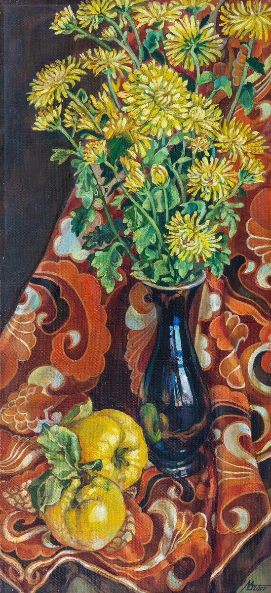 Photorealistic Still Life Oil Painting By Alona Lesnichenko, 15 X 29, Still Life With Quince, Original Artwork