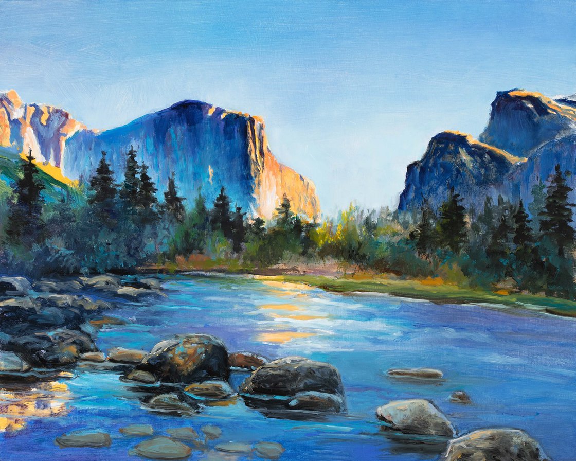 Yosemite mountain river landscape Oil painting by Lucia Verdejo