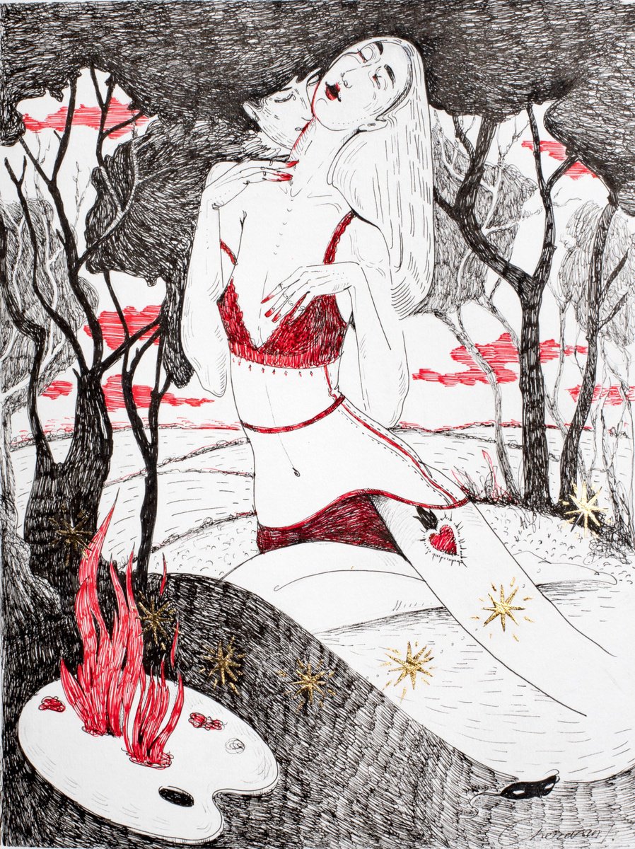 Landscape Ink Drawing By Tetiana Cherevan, 12 X 16", The Wind Kisses Her, Original Artwork