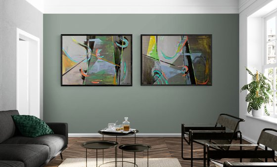 Super Big Abstract - "Space abstract" - Diptych - Geometric abstract - 90x260cm