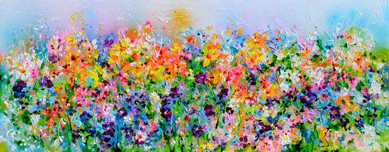 I've Dreamed 23 - Colorful Spring Floral Painting, Daffodils, Pansies, Snow Drops, Primroses - 150x60 cm, Palette Knife Modern Ready to Hang Floral Painting - Flowers Field Acrylics Painting