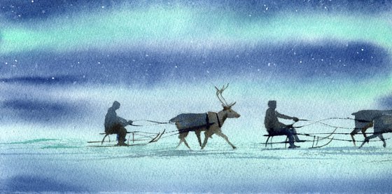 Winter northern landscape with aurora borealis.  Reindeer teams.