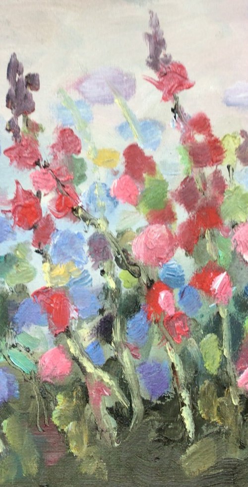 Summer Hollyhocks painting by Julian Lovegrove Art