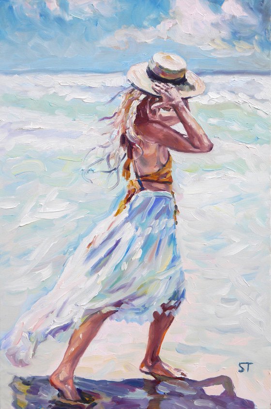 "Sea,  wind,  sun and girl with bonnet" original oil painting, girl love wall decor gift idea